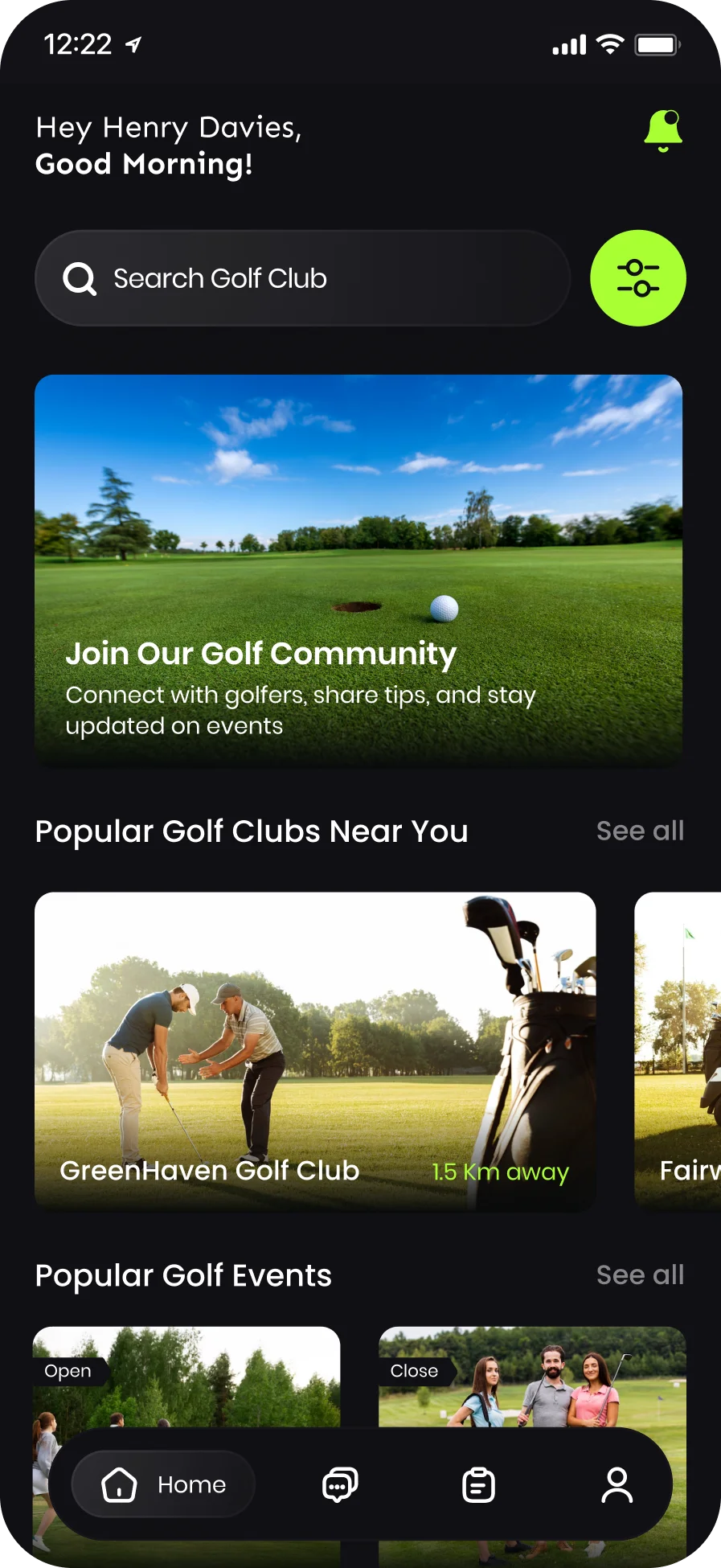 Golf kulübü uygulaması arayüz örneği 2