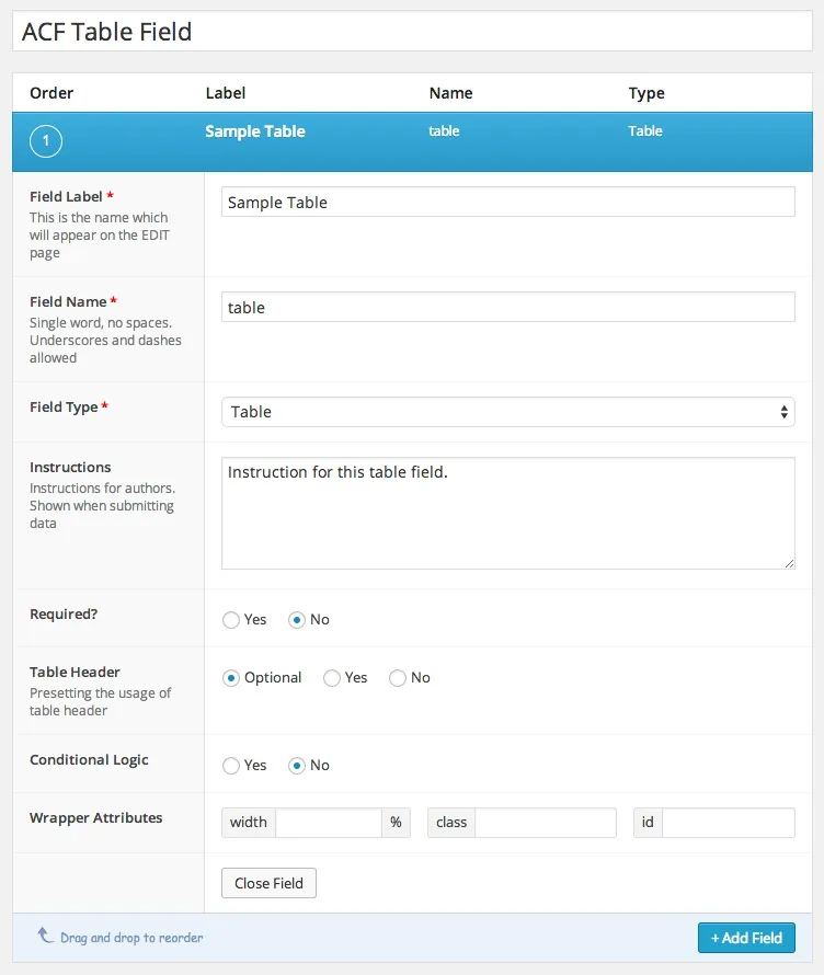 Table Field Add-on for ACF and SCF ekran görüntüsü 1