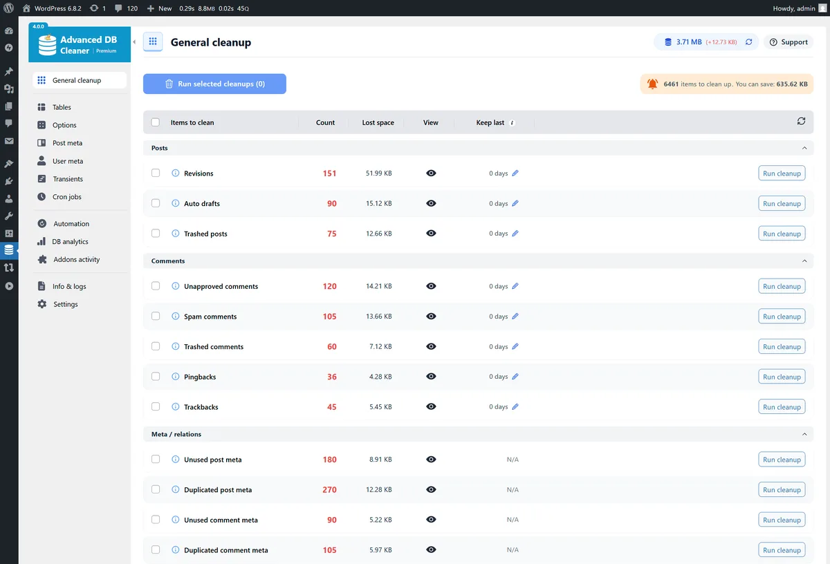 Advanced Database Cleaner – Optimize & Clean Database to Speed Up Site Performance ekran görüntüsü 1