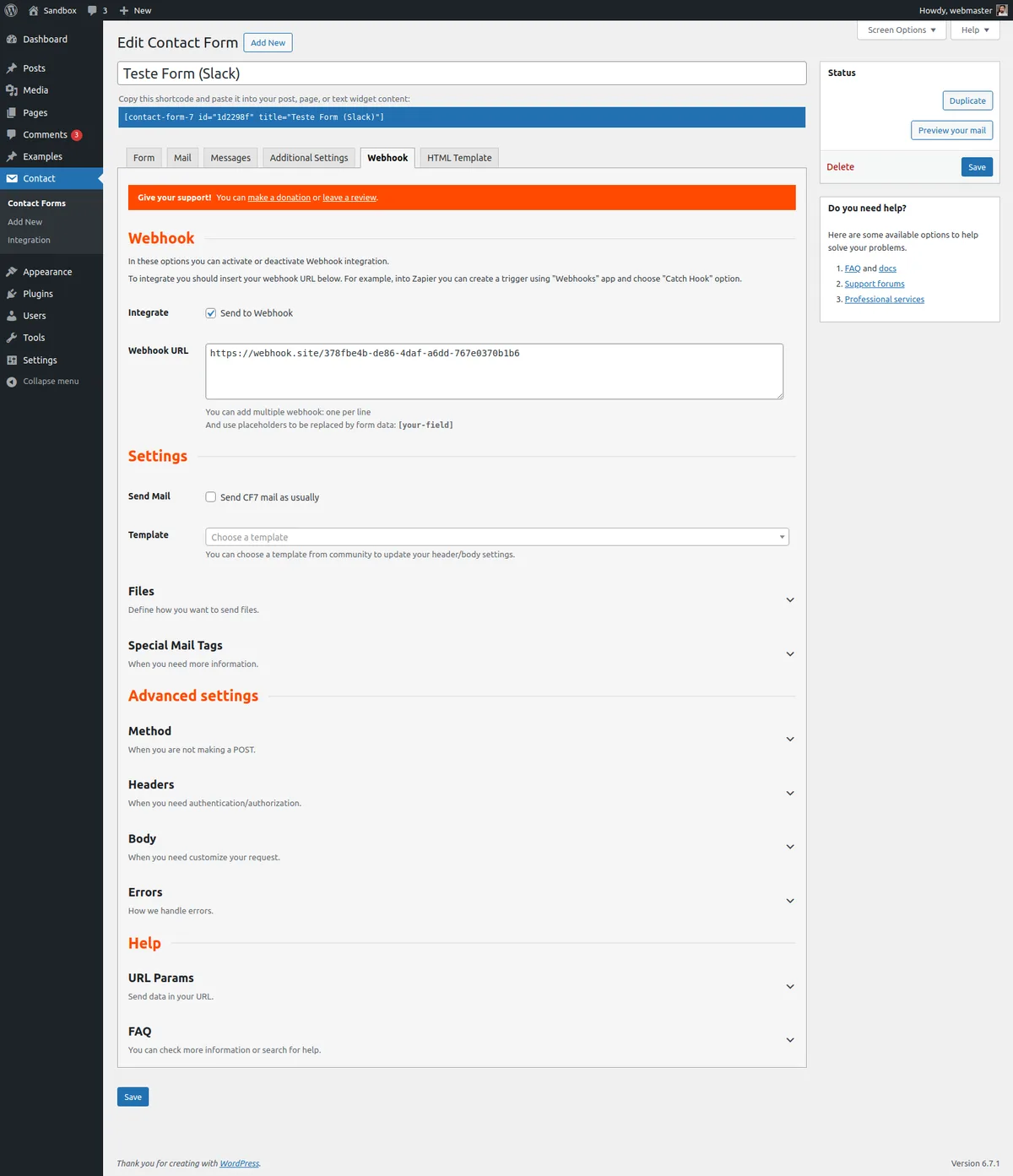 CF7 to Webhook ekran görüntüsü 1