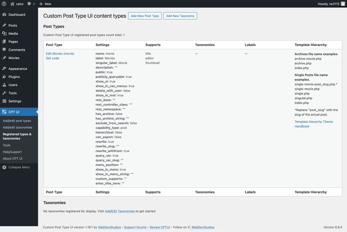 Custom Post Type UI ekran görüntüsü 3