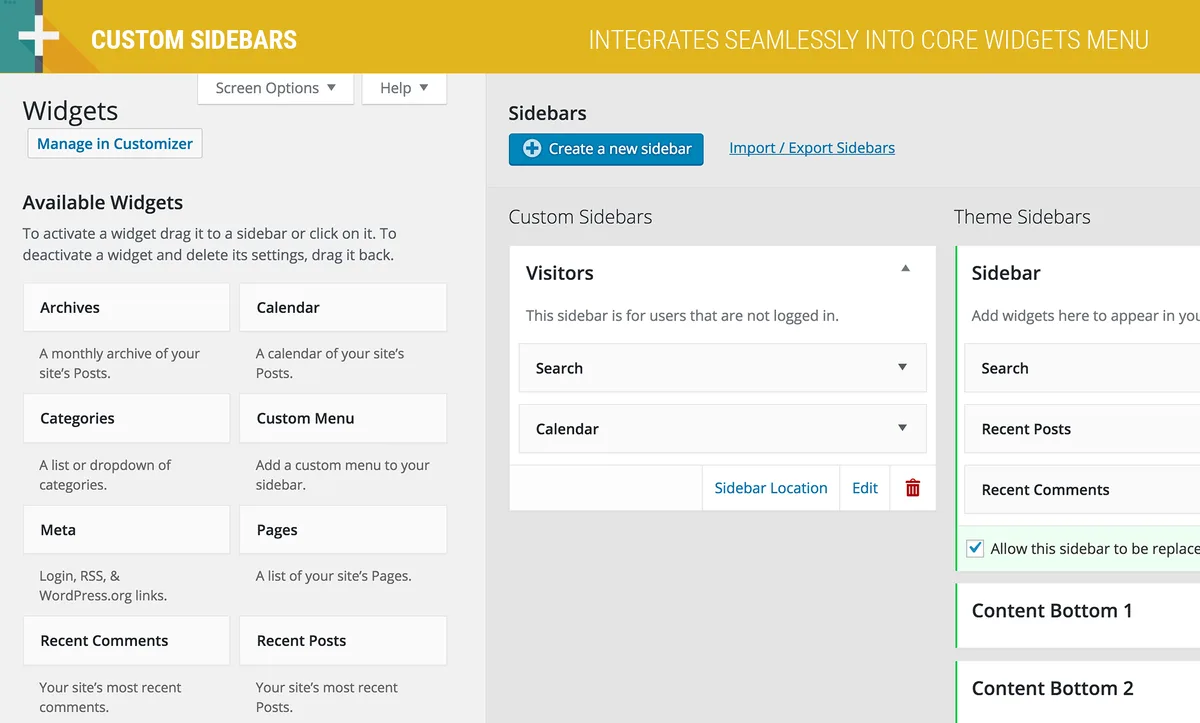 Custom Sidebars – Dynamic Sidebar Classic Widget Area Manager ekran görüntüsü 1