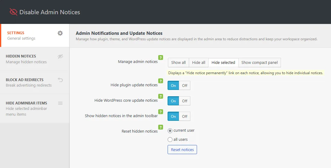 Disable Admin Notices – Hide Dashboard Notifications ekran görüntüsü 1