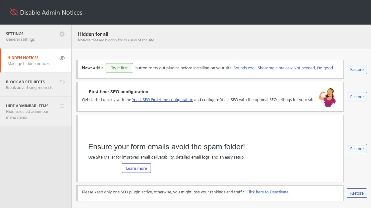 Disable Admin Notices – Hide Dashboard Notifications ekran görüntüsü 2
