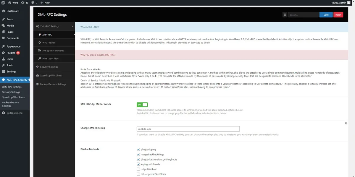 Disable XML-RPC-API ekran görüntüsü 2