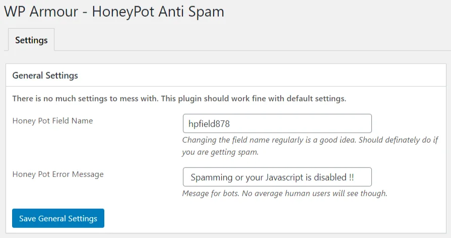WP Armour – Honeypot Anti Spam ekran görüntüsü 1