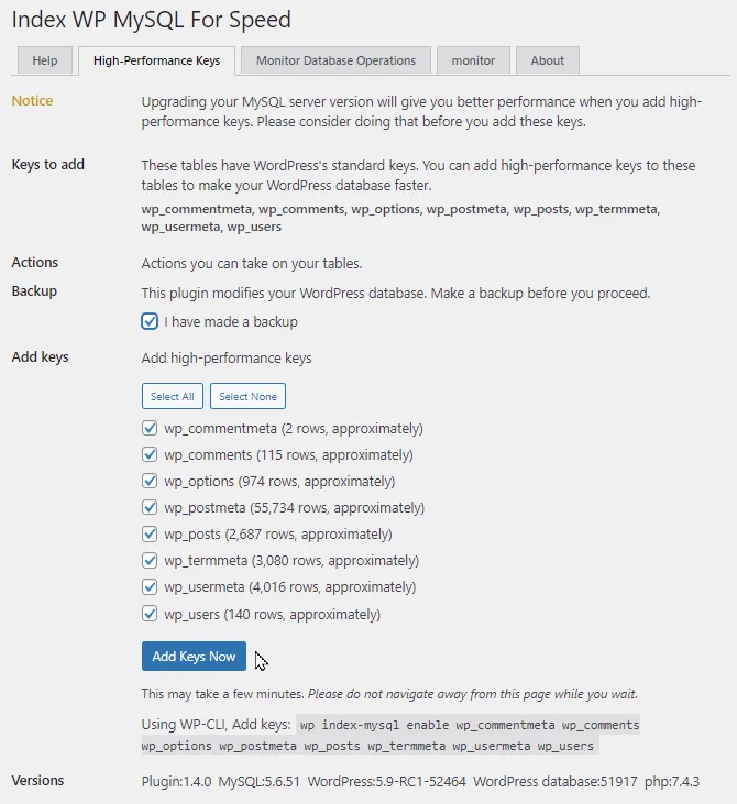 Index WP MySQL For Speed ekran görüntüsü 2