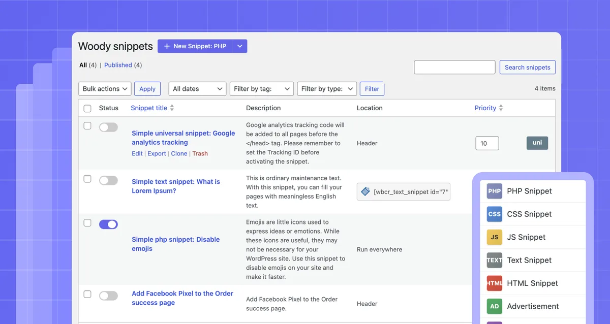 Woody Code Snippets – Insert PHP, CSS, JS, and Header/Footer Scripts ekran görüntüsü 1