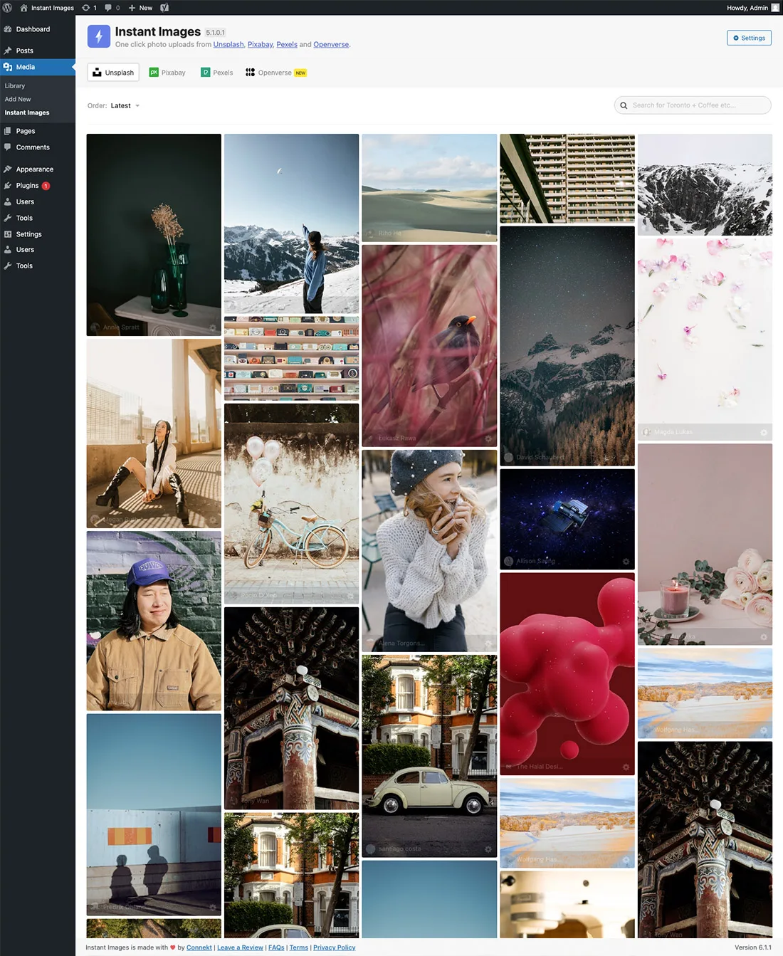 Instant Images – One-click Image Uploads from Unsplash, Openverse, Pixabay, Pexels, and Giphy ekran görüntüsü 1