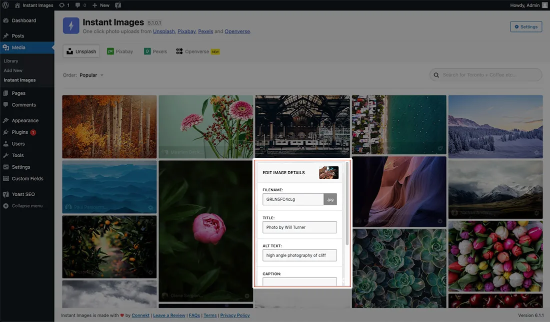 Instant Images – One-click Image Uploads from Unsplash, Openverse, Pixabay, Pexels, and Giphy ekran görüntüsü 3