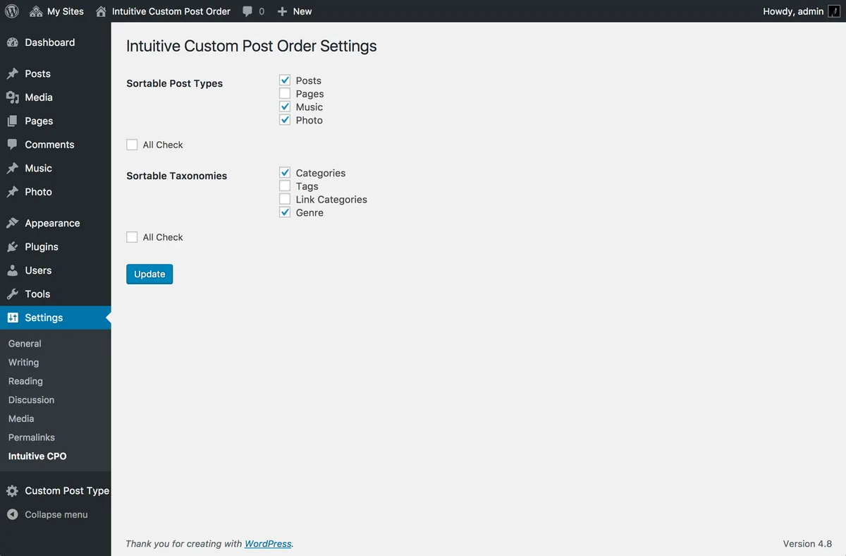 Intuitive Custom Post Order ekran görüntüsü 1