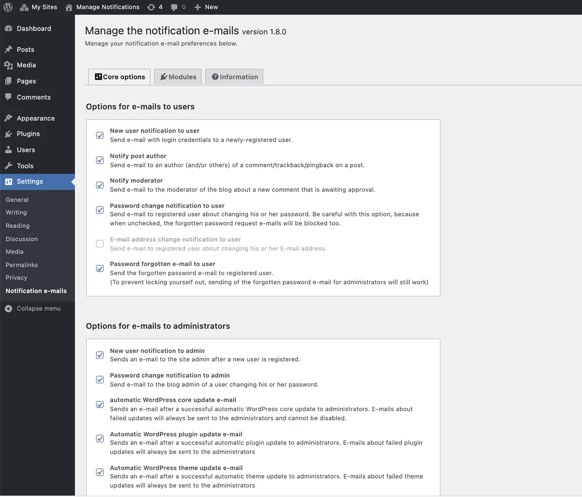 Manage Notification E-mails ekran görüntüsü 1