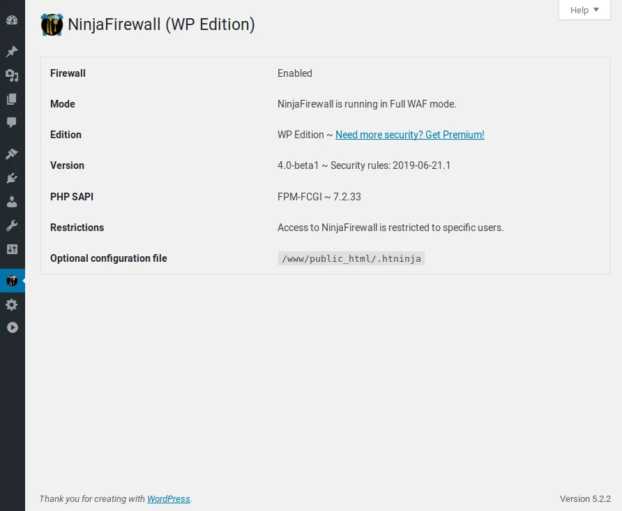 NinjaFirewall (WP Edition) – Advanced Security Plugin and Firewall ekran görüntüsü 1