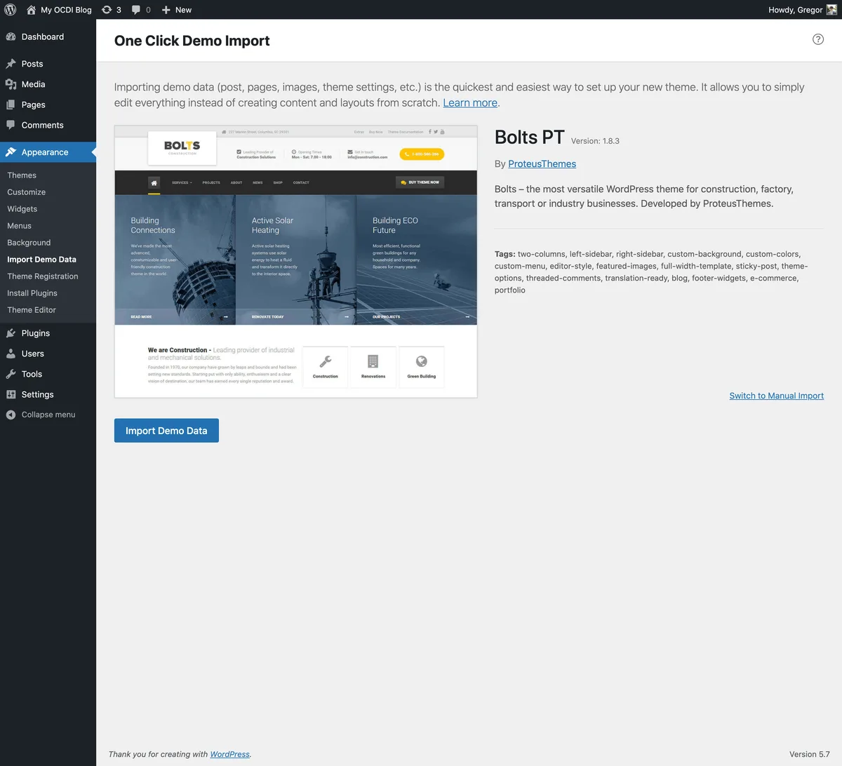 One Click Demo Import ekran görüntüsü 2