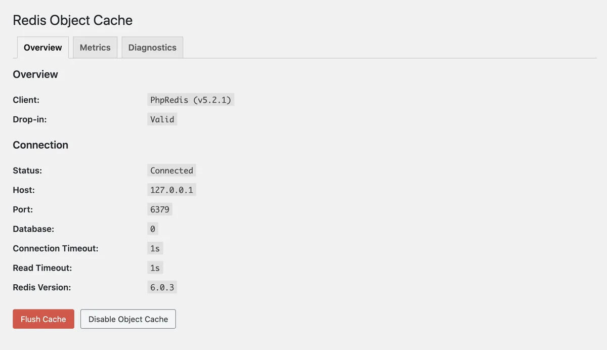 Redis Object Cache ekran görüntüsü 1