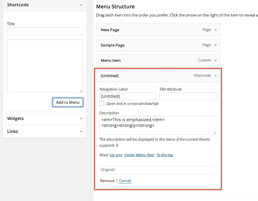 Shortcode in Menus ekran görüntüsü 4
