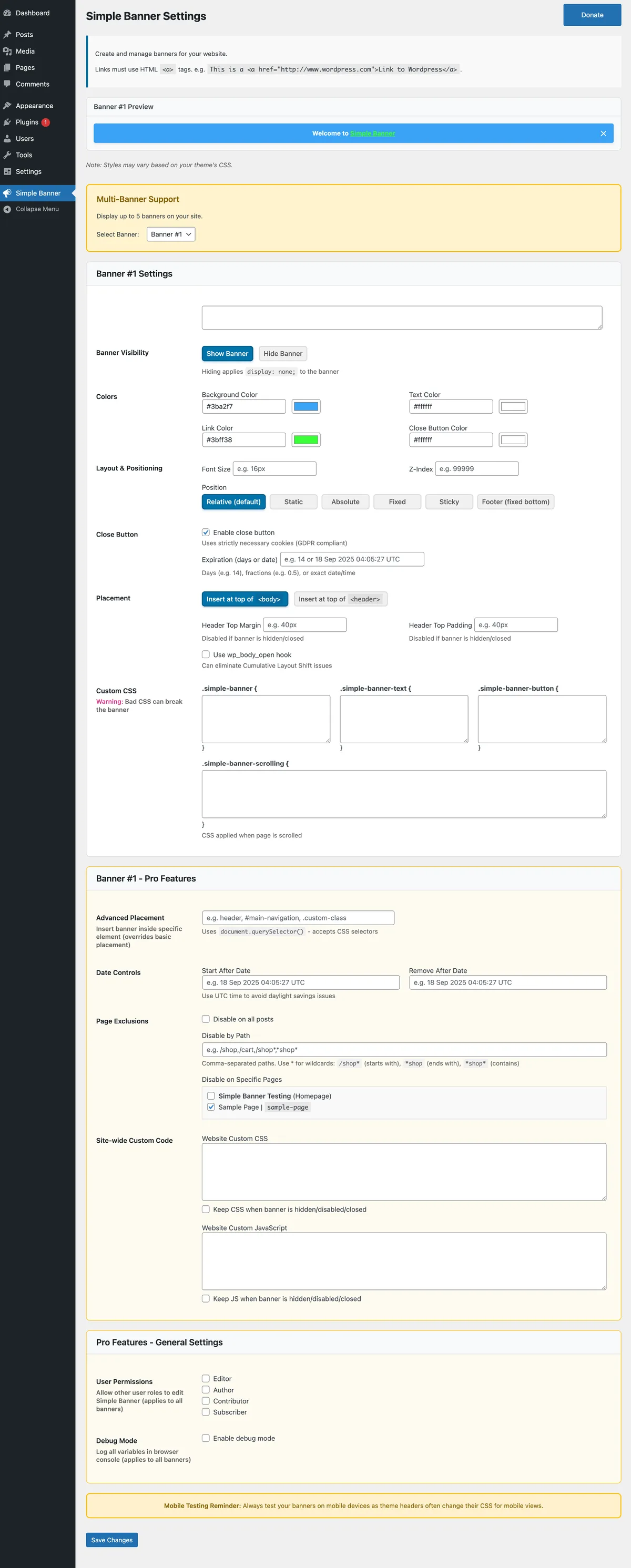 Simple Banner – Easily add multiple Banners/Bars/Notifications/Announcements to the top or bottom of your website ekran görüntüsü 4