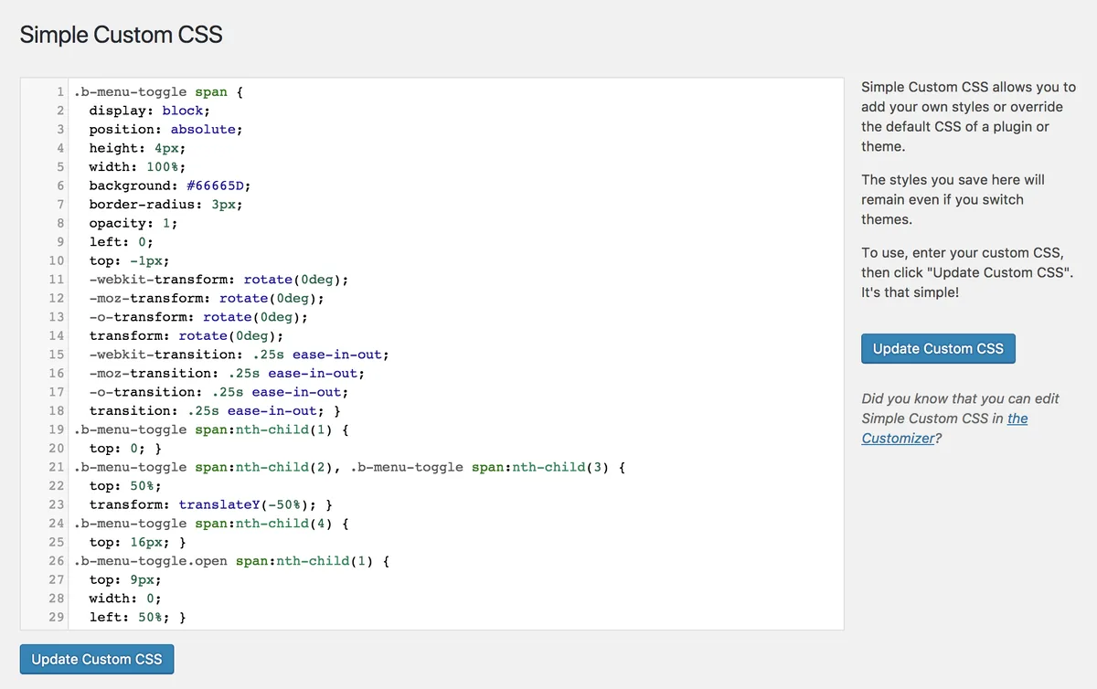 Simple Custom CSS Plugin ekran görüntüsü 1