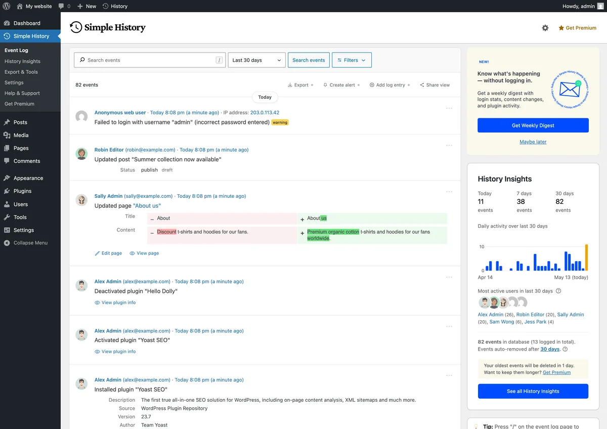 Simple History – Track, Log, and Audit WordPress Changes ekran görüntüsü 1