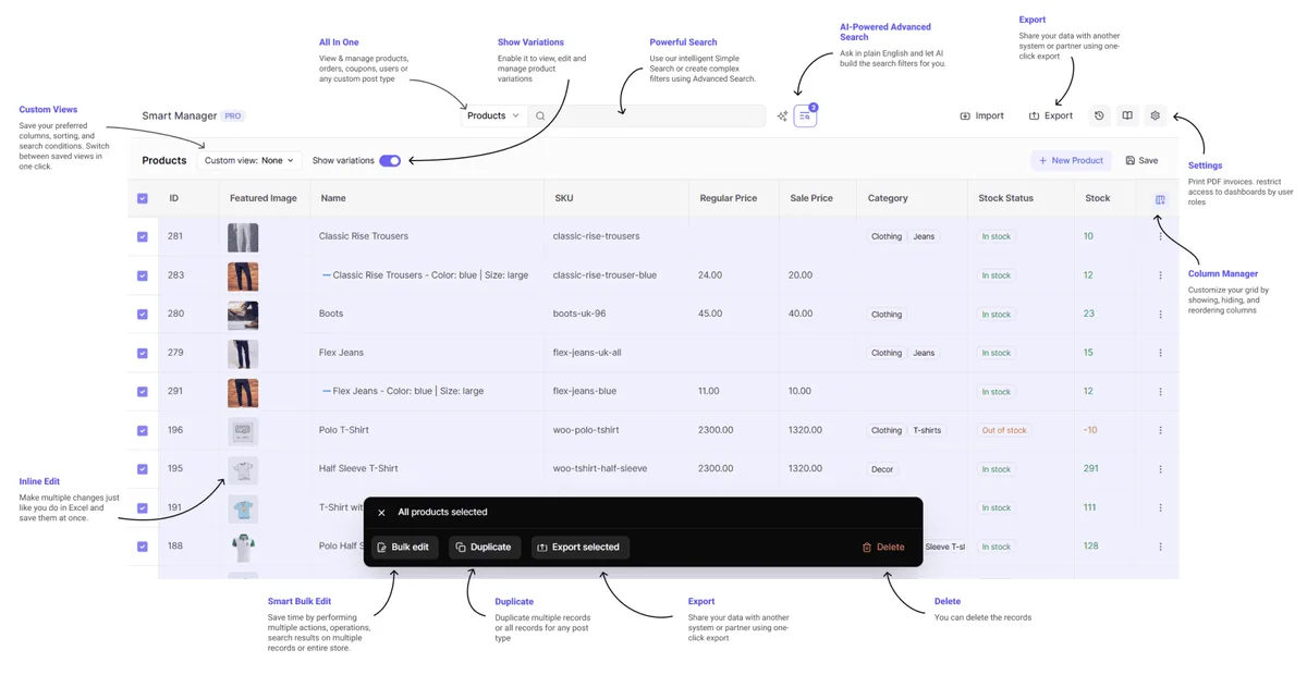Smart Manager – Advanced WooCommerce Bulk Editor & Inventory Manager (Spreadsheet) ekran görüntüsü 1