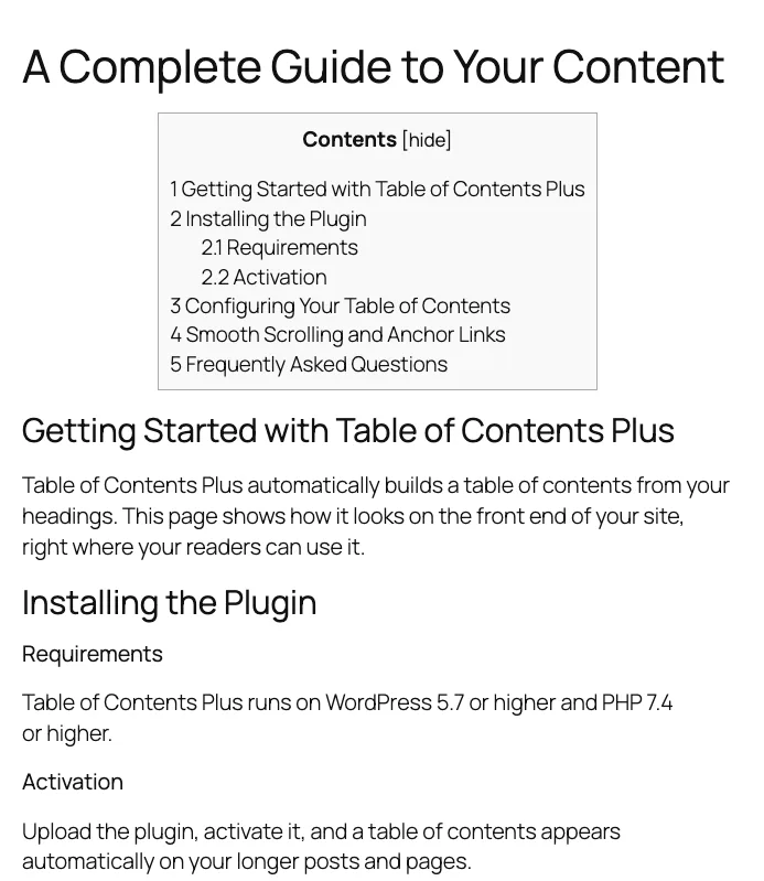 Table of Contents Plus – Automatic Table of Contents for Posts & Pages ekran görüntüsü 1