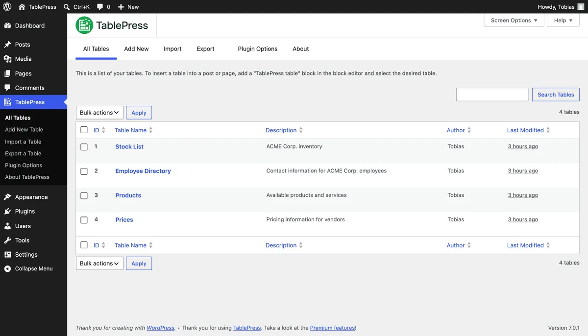 TablePress – Tables in WordPress made easy ekran görüntüsü 1