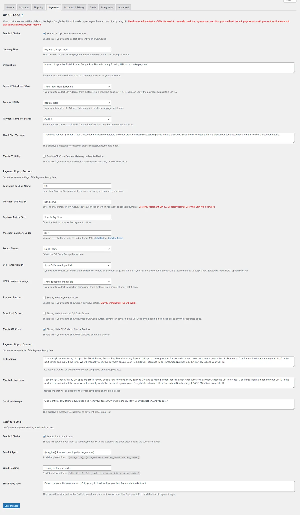 UPI QR Code Payment Gateway for WooCommerce ekran görüntüsü 1
