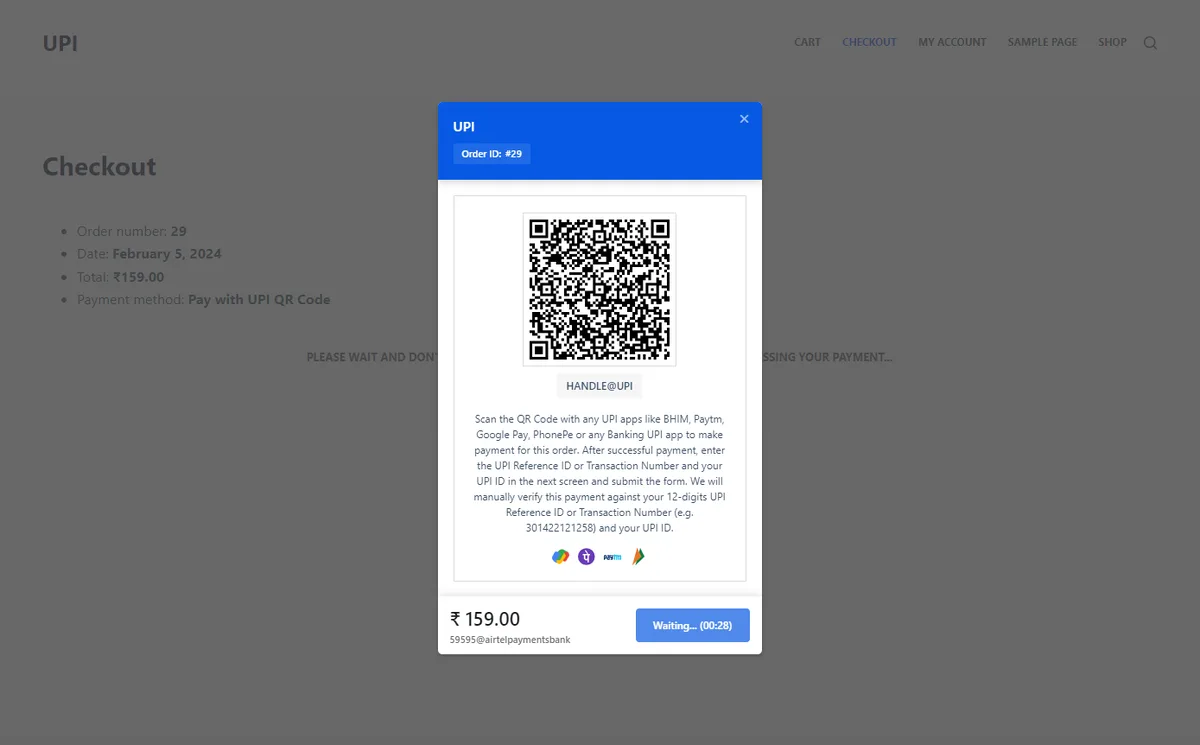 UPI QR Code Payment Gateway for WooCommerce ekran görüntüsü 3