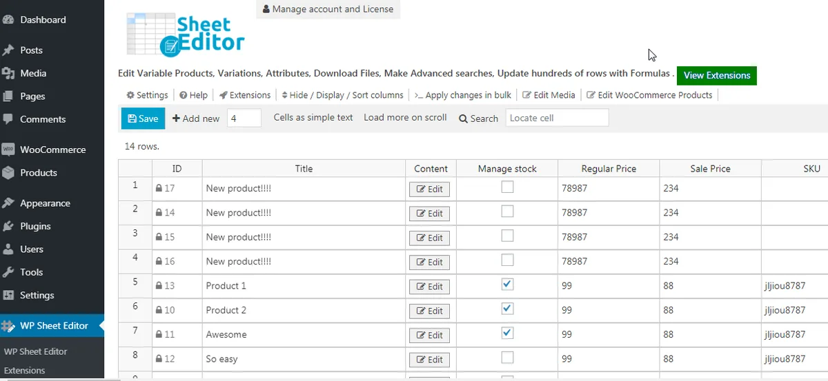 Bulk Edit Products for WooCommerce – WP Sheet Editor ekran görüntüsü 1