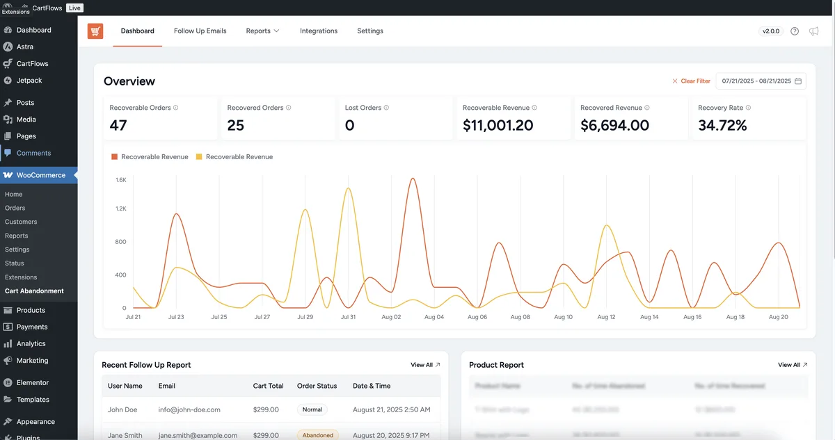 Cart Abandonment Recovery for WooCommerce – Recover Lost Sales with Automated Emails ekran görüntüsü 1