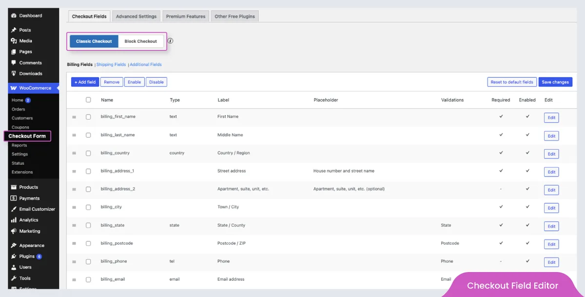 Checkout Field Editor (Checkout Manager) for WooCommerce ekran görüntüsü 1