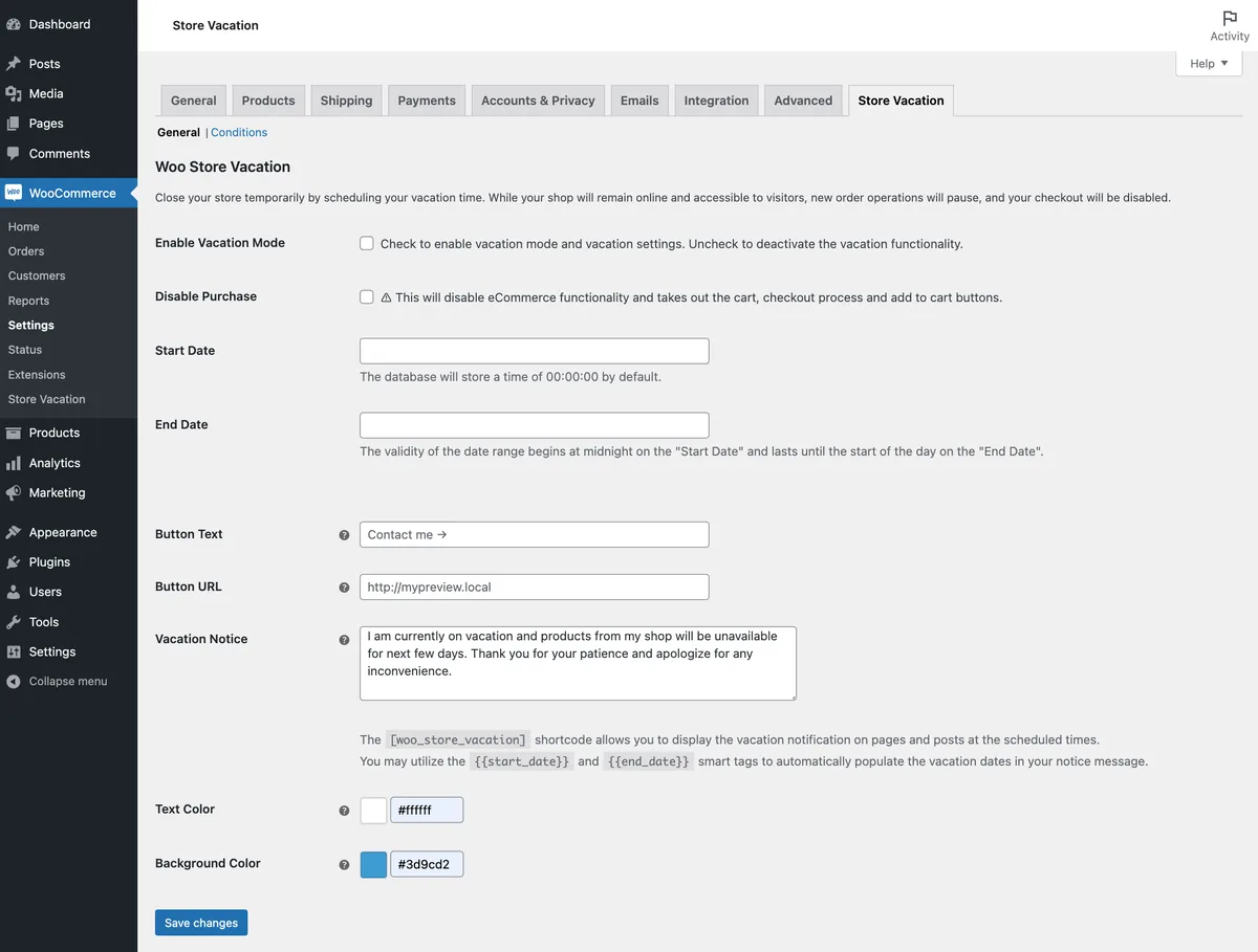 Store Vacation Lite for WooCommerce ekran görüntüsü 1