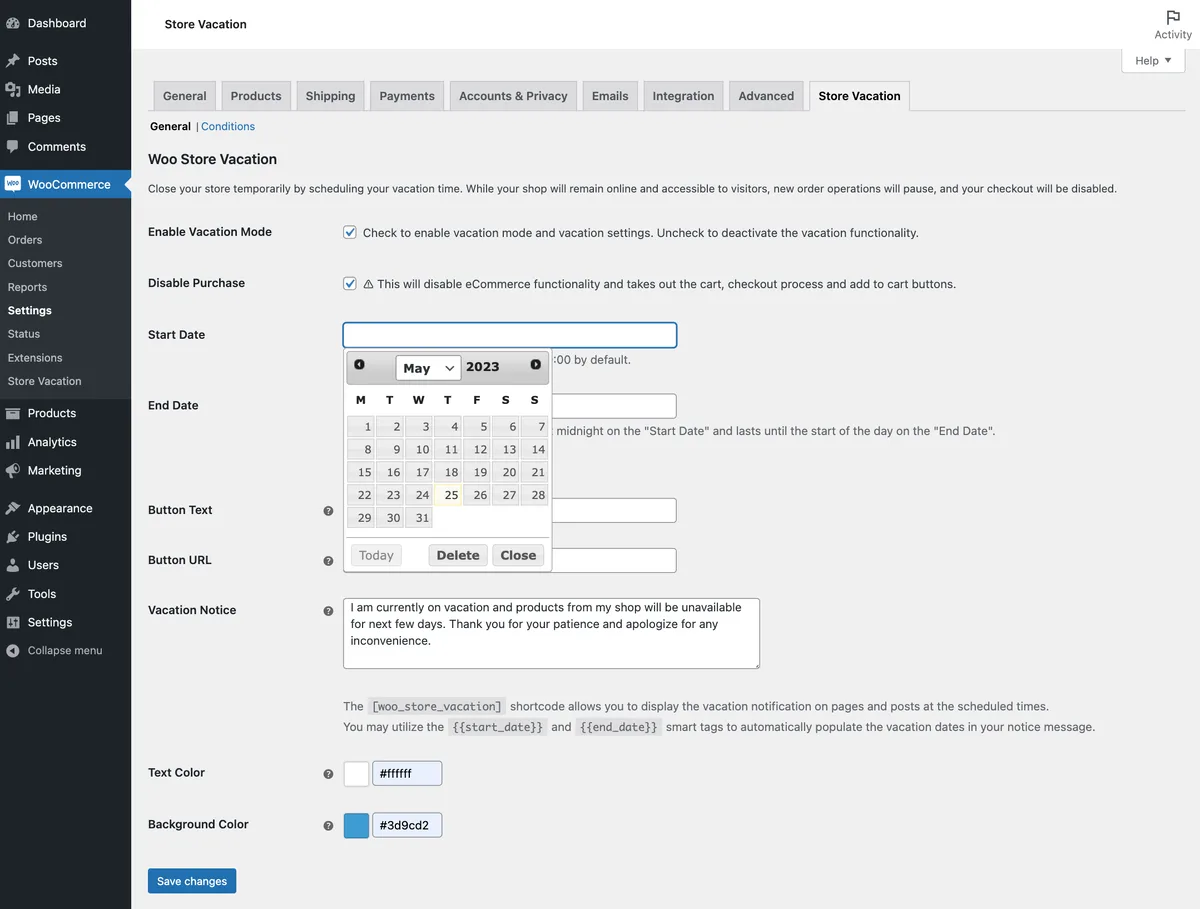 Store Vacation Lite for WooCommerce ekran görüntüsü 2
