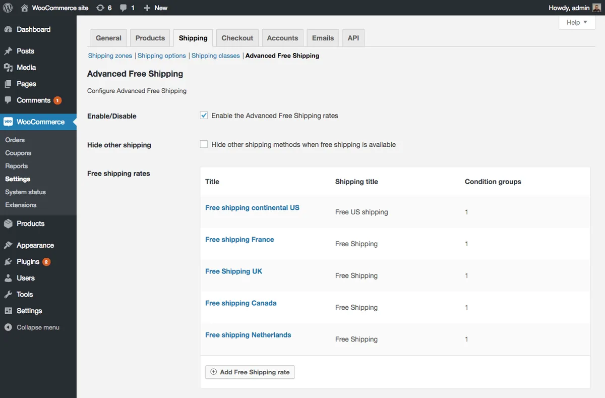 Advanced Free Shipping for WooCommerce ekran görüntüsü 1