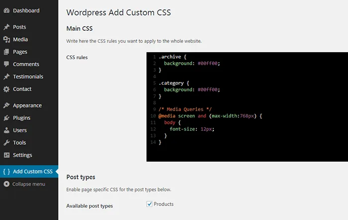 WP Add Custom CSS ekran görüntüsü 1