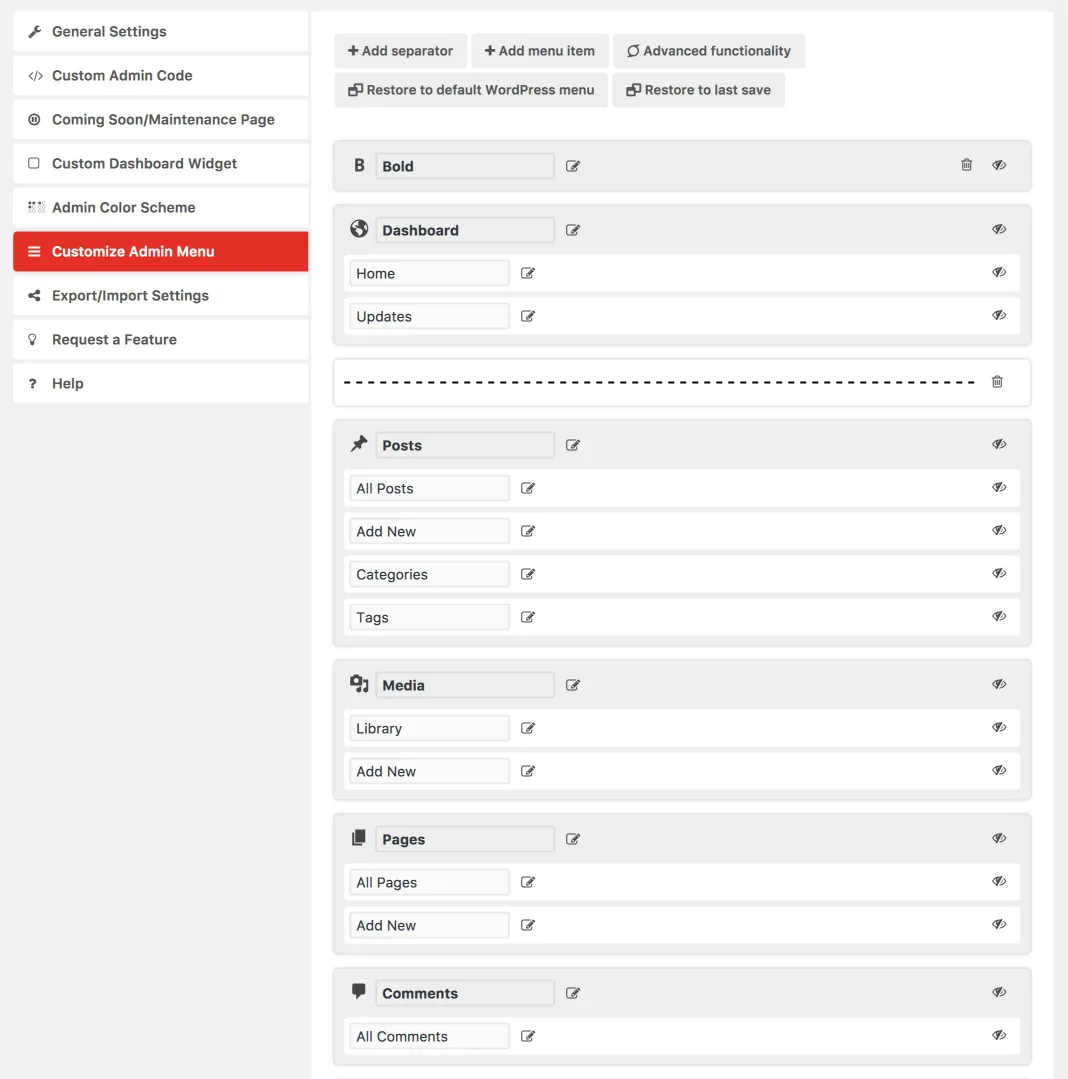 WP Custom Admin Interface ekran görüntüsü 1