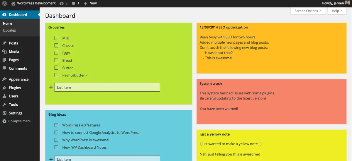 WP Dashboard Notes ekran görüntüsü 1