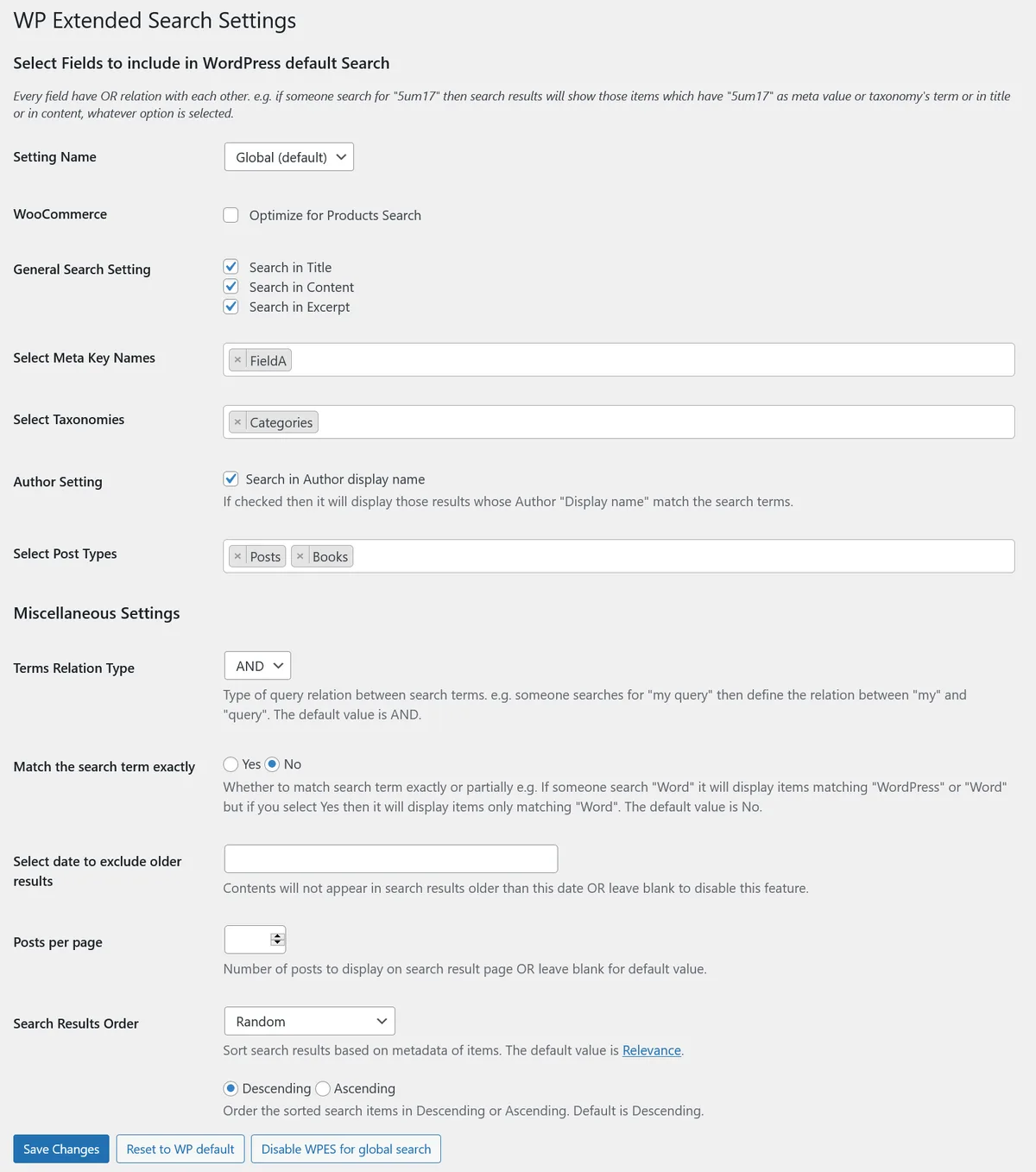 WP Extended Search ekran görüntüsü 1