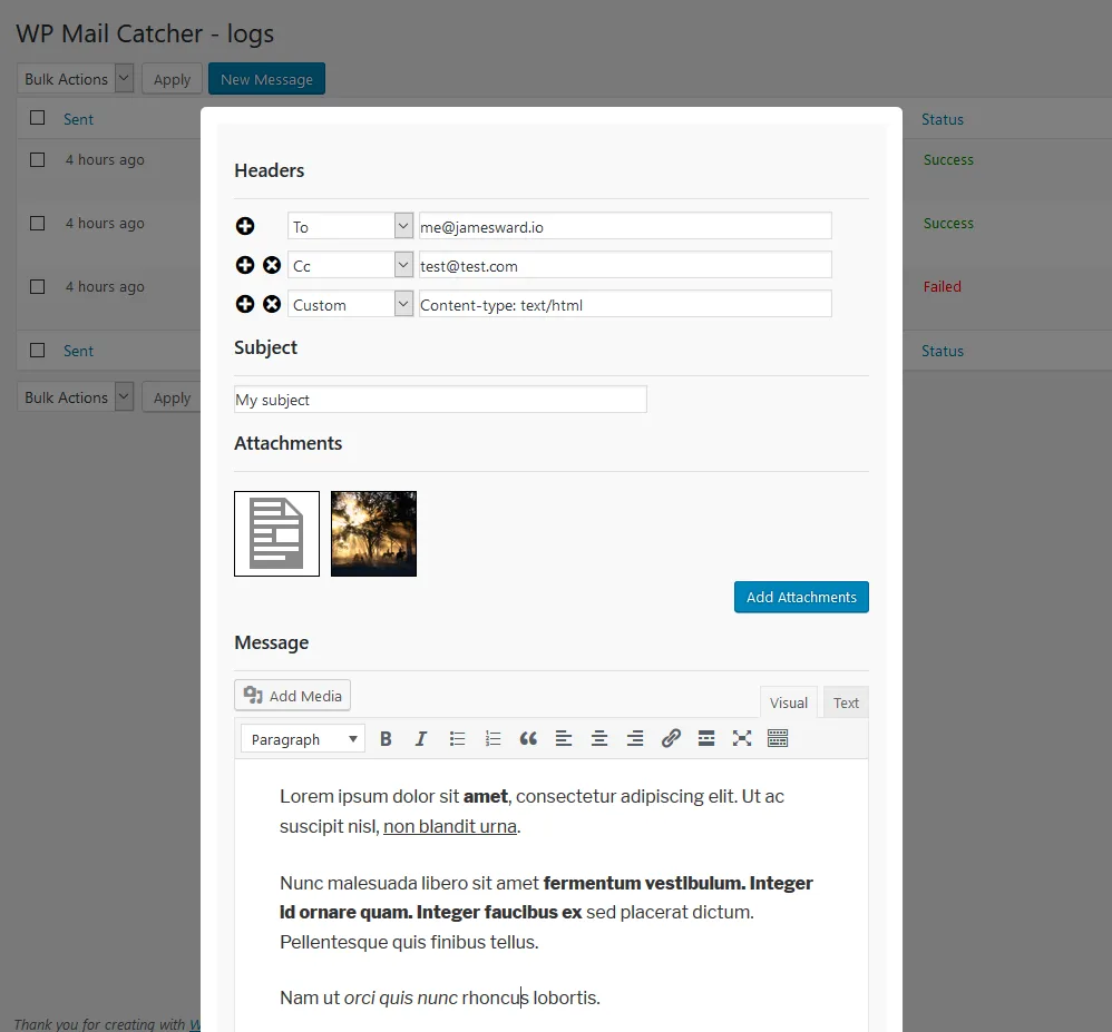 Mail logging – WP Mail Catcher ekran görüntüsü 1