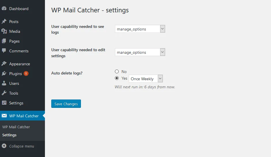 Mail logging – WP Mail Catcher ekran görüntüsü 2