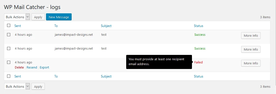 Mail logging – WP Mail Catcher ekran görüntüsü 3