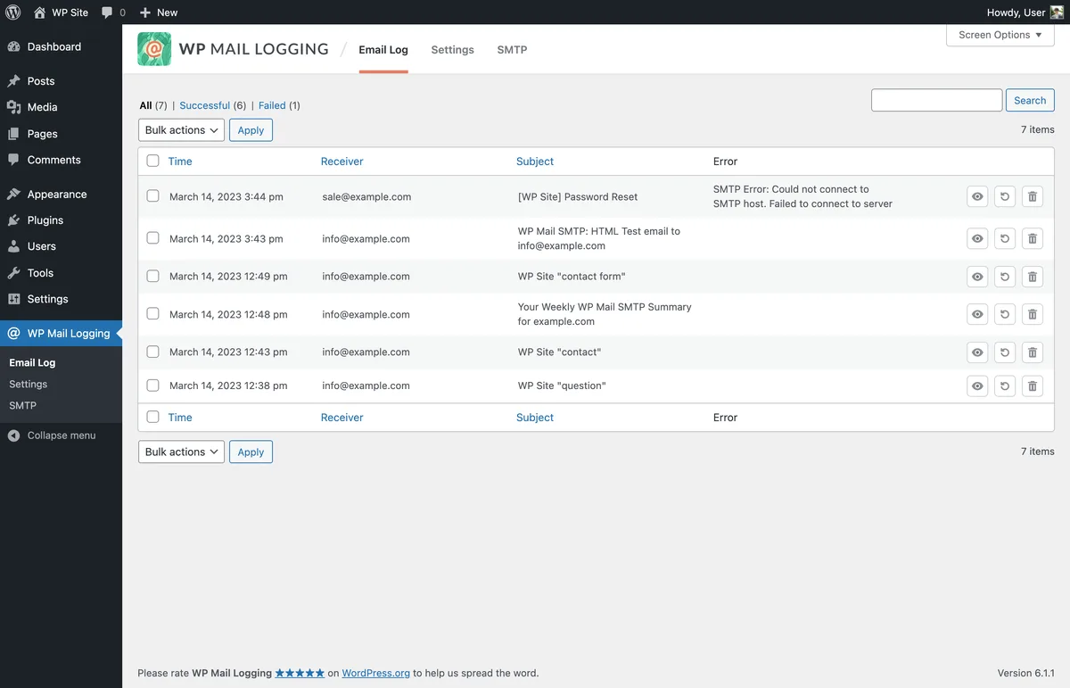 WP Mail Logging ekran görüntüsü 1