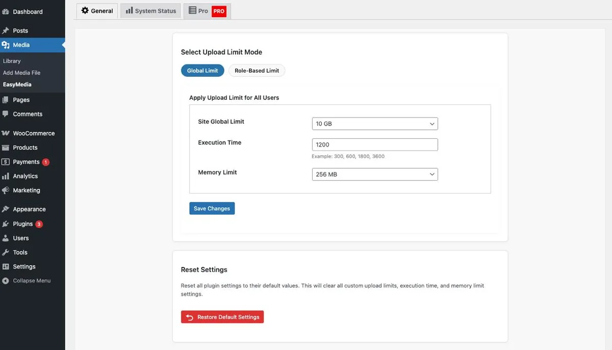 EasyMedia – Increase Media Upload File Size | Role-Based Upload Limit | Increase Execution Time ekran görüntüsü 1