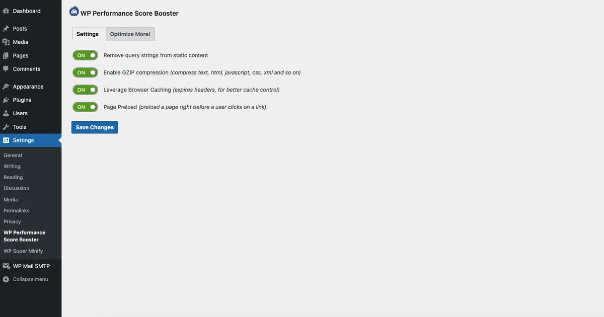 WP Performance Score Booster – Optimize Speed, Enable Cache & Page Preload ekran görüntüsü 1