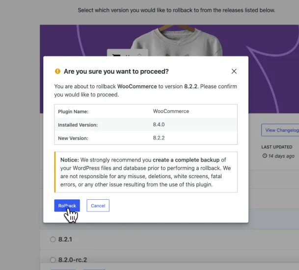 WP Rollback – Rollback Plugins and Themes ekran görüntüsü 3