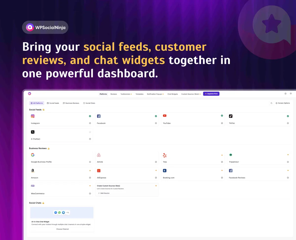 WP Social Ninja – Embed Social Feeds, User Reviews & Chat Widgets ekran görüntüsü 1