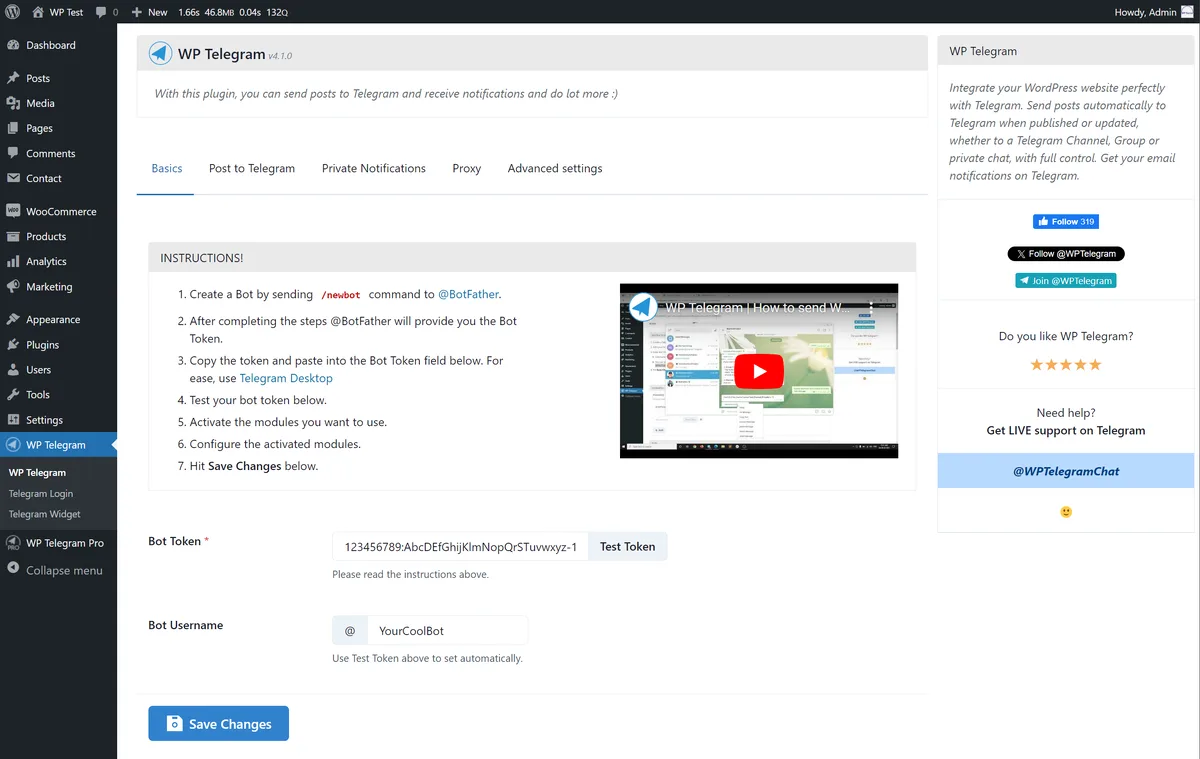 WP Telegram (Auto Post and Notifications) ekran görüntüsü 1