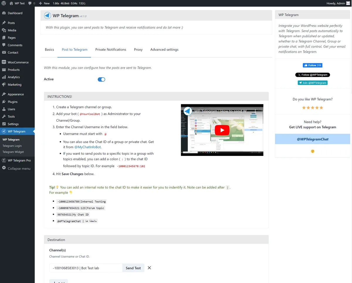 WP Telegram (Auto Post and Notifications) ekran görüntüsü 2