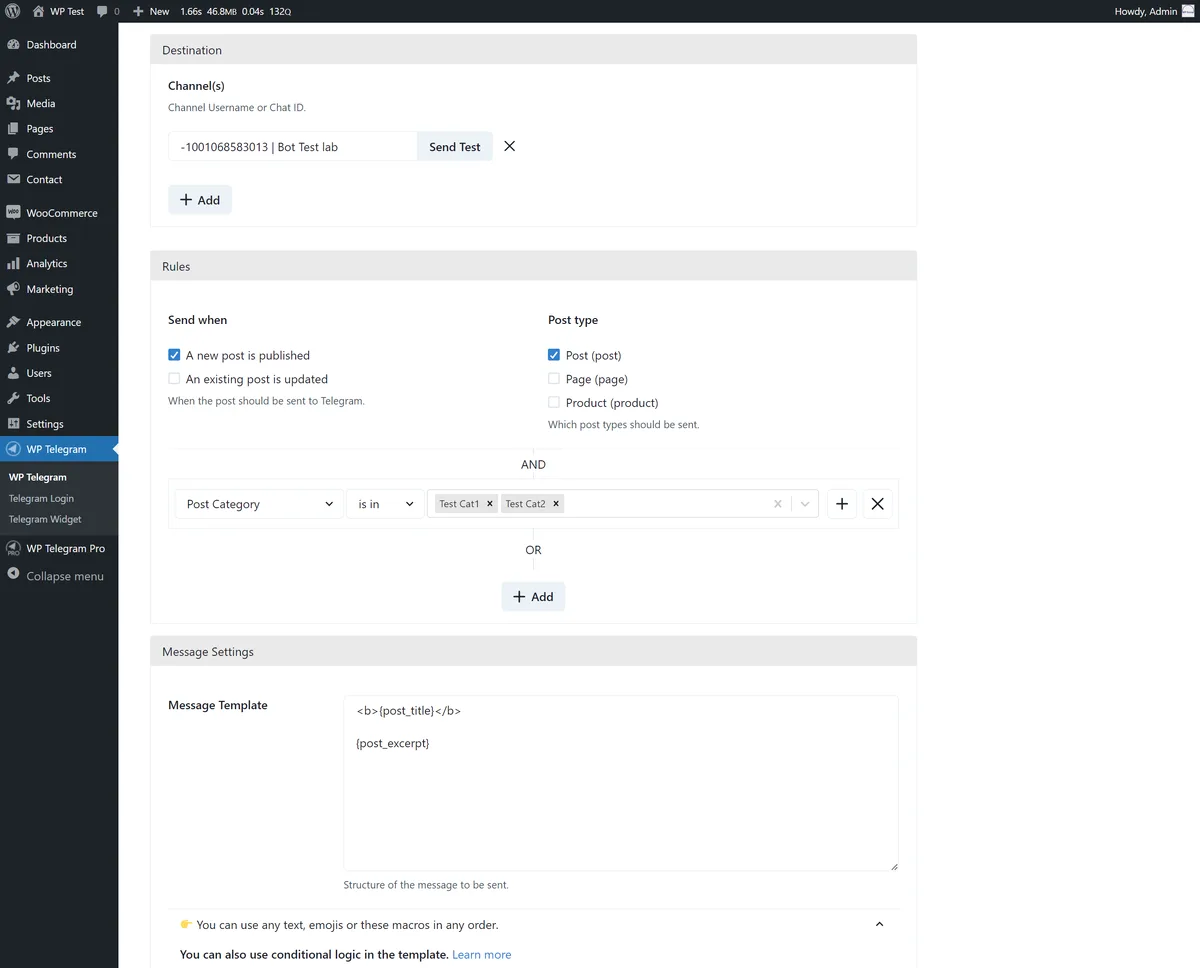 WP Telegram (Auto Post and Notifications) ekran görüntüsü 3