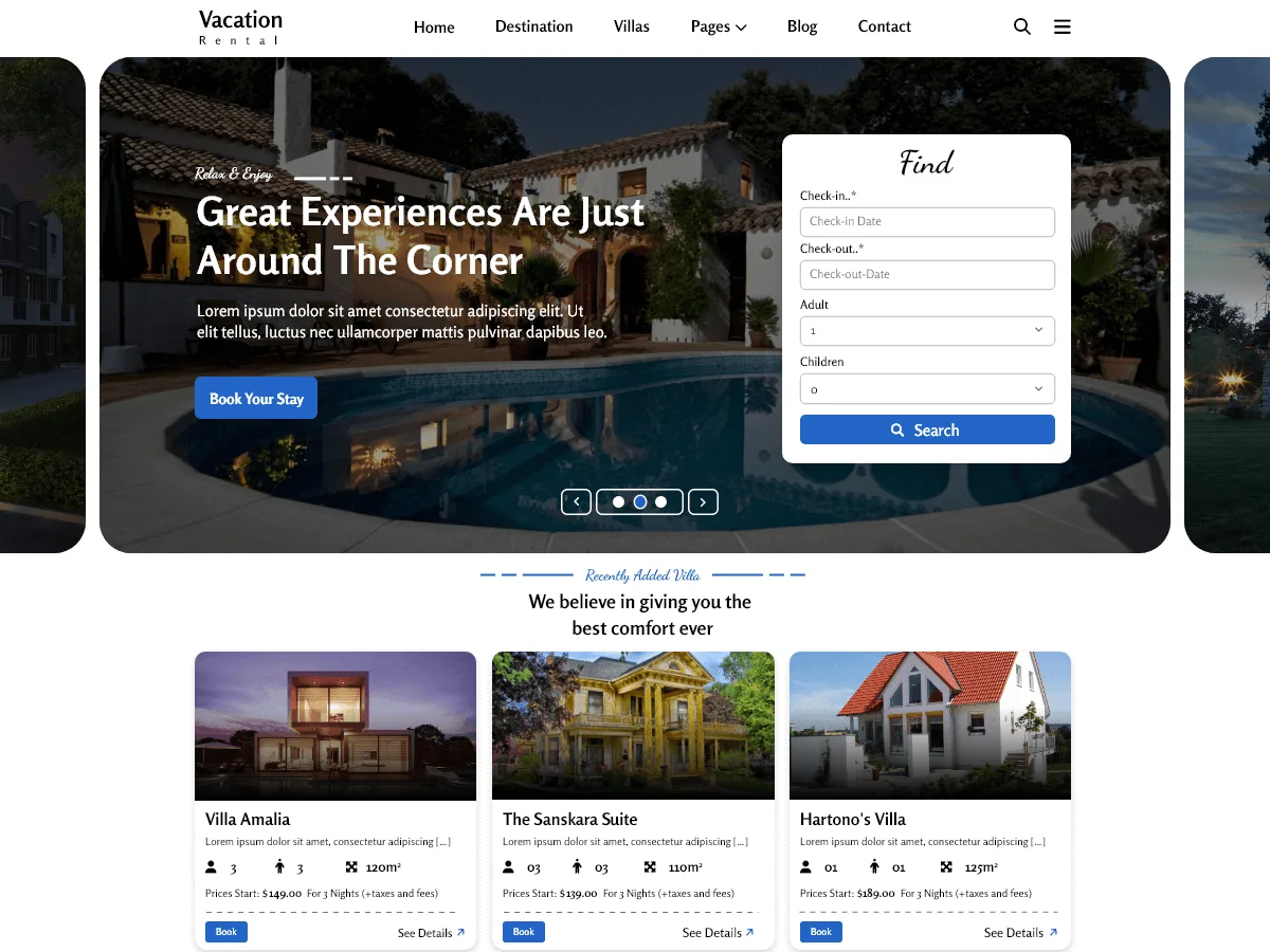 Accommodation Rental web sitesi teması ile konaklama rezervasyon sitesi görünümü